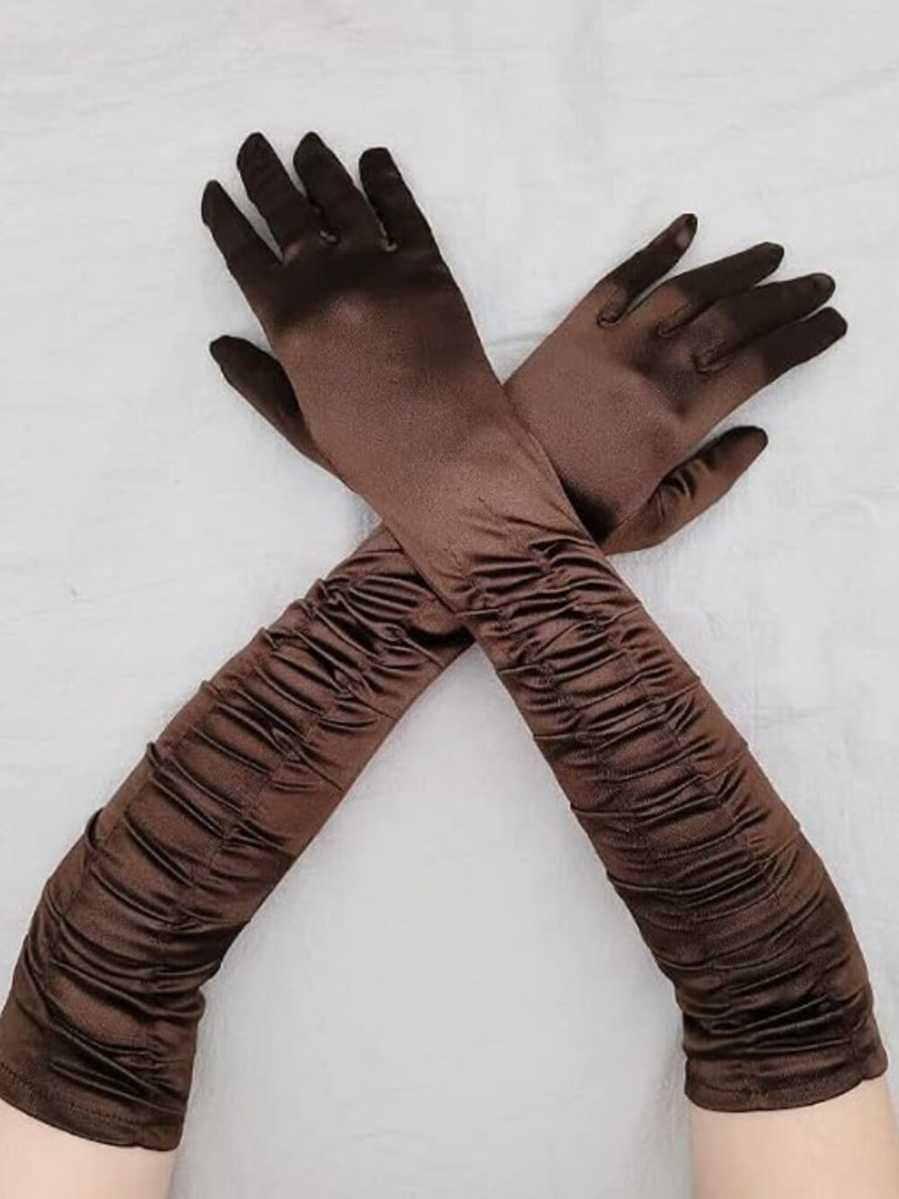 Women's Coffee Long Opera Party 1920s Satin Elbow Adult Stretchy Pleat Gloves - Picture 3 of 3